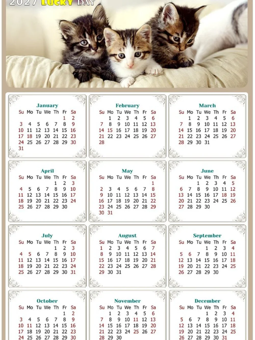 2027 Magnetic Calendar - Today is my Lucky Day - Cat Themed 021 (7 x 10.5)